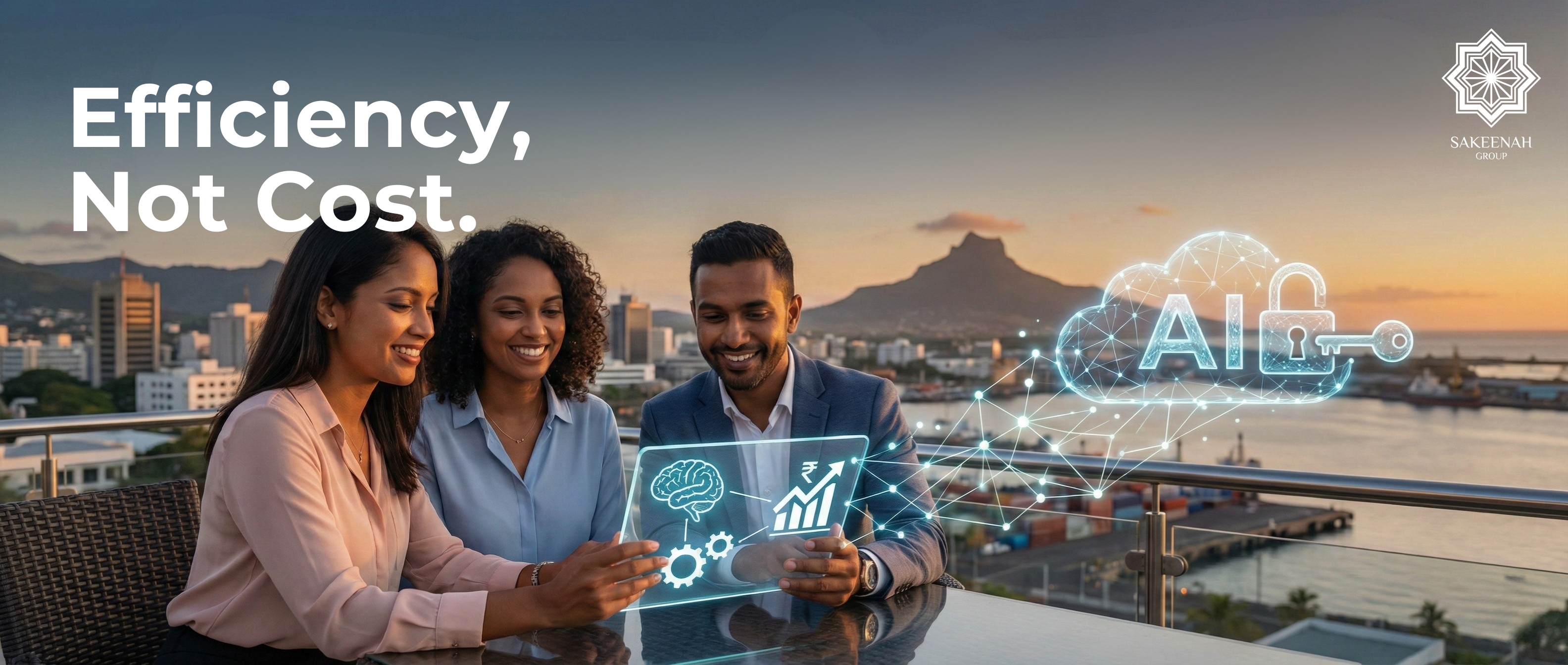 Close-up of Professionals in Port Louis, Mauritius, using a digital tablet to manage AI systems, representing Sakeenah Group’s AI consulting and MQA-approved training services for business efficiency.